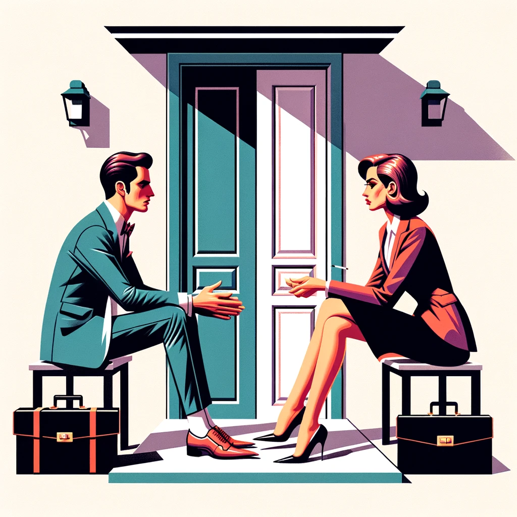 DALL·E 2024-02-01 08.56.32 - Create an image in the style of Monsieur Z, depicting a couple having a disagreement in front of a house door, symbolizing divorce and family law, wit